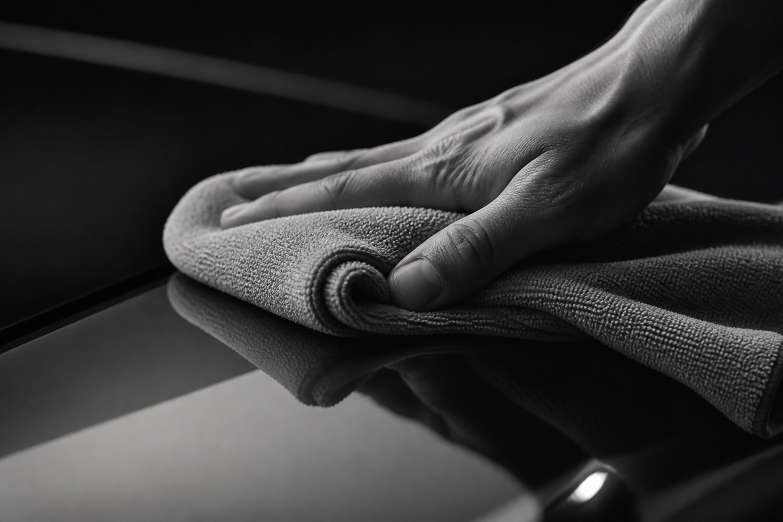 A hand finishing dark paint with a cloth.